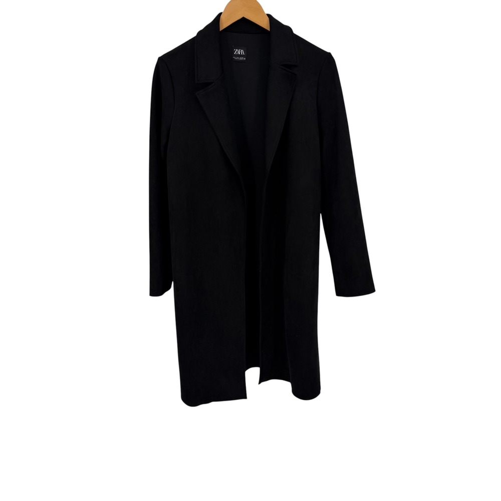 Zara Faux Suede Coat Women Small Black Open Front Jacket Coat Minimalist Chic JC